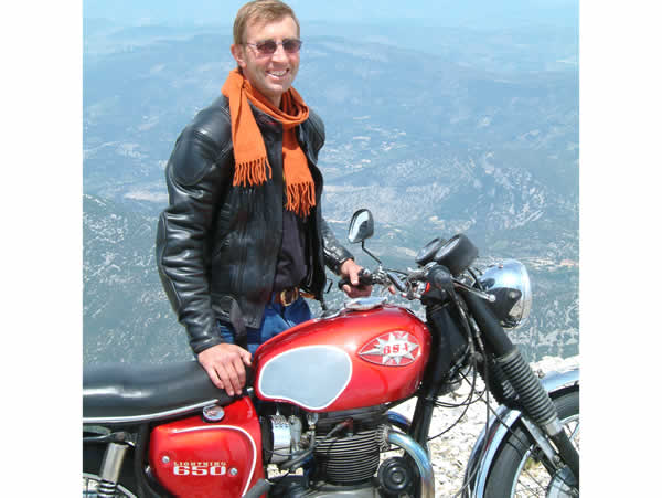 Neil Thomas, proprietor of Classic Bike Provence, pictured here with 'Red Rocket'
